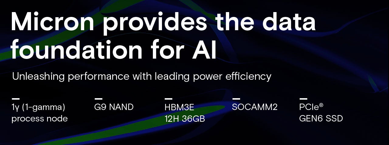 Micron provides the data foundation for AI, highlighting technologies like G9 NAND, HBM3E 12H 36GB, SOCAMM, and PCIe GEN6 SSD with a focus on performance and power efficiency.